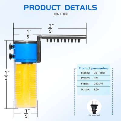 Multi-function Aquarium Internal Filter with Spray Bar 8W 700L/H DB-1108F